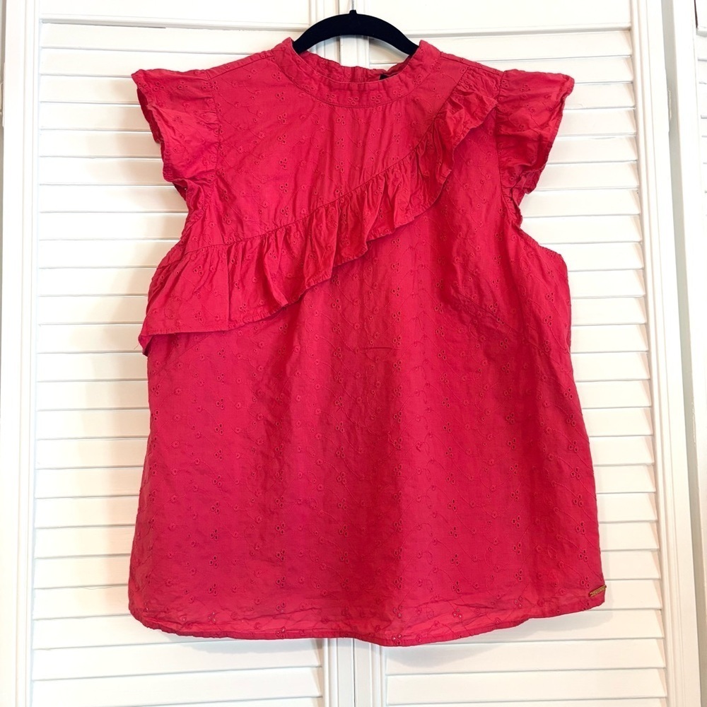 Coupe Collection Pink Eyelet Floral Ruffle Short Sleeve Blouse Shirt Top Large L